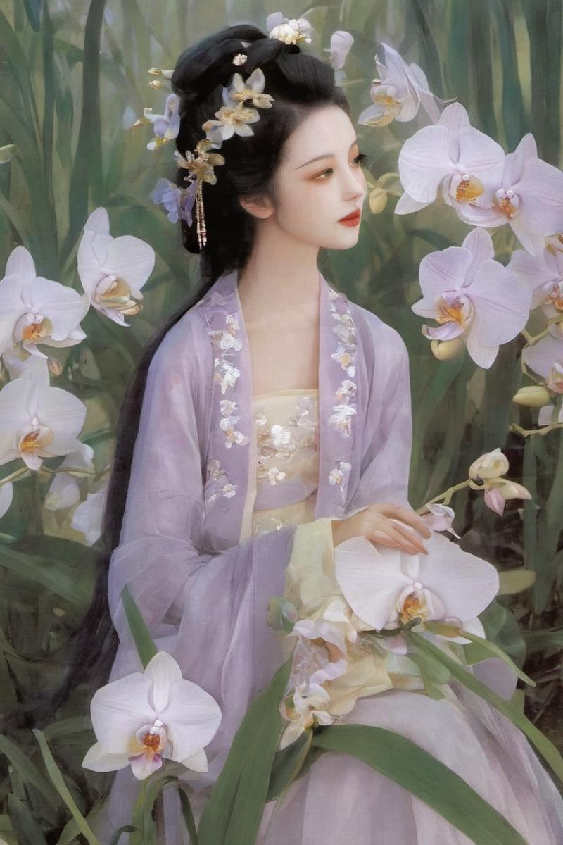 38936-2864350005-On a spring morning, a delicate orchid blooms in the garden, emitting a faint fragrance. In this sea of orchids, an ancient girl.png